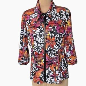 Multiples Jacket Petite Large PL Zip Y2K Boho Maximalist Tropical Floral Cheetah